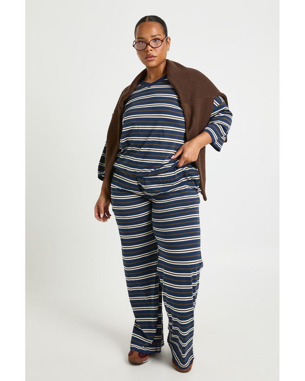 Boohoo Blue Plus Striped Wide Leg Trouser