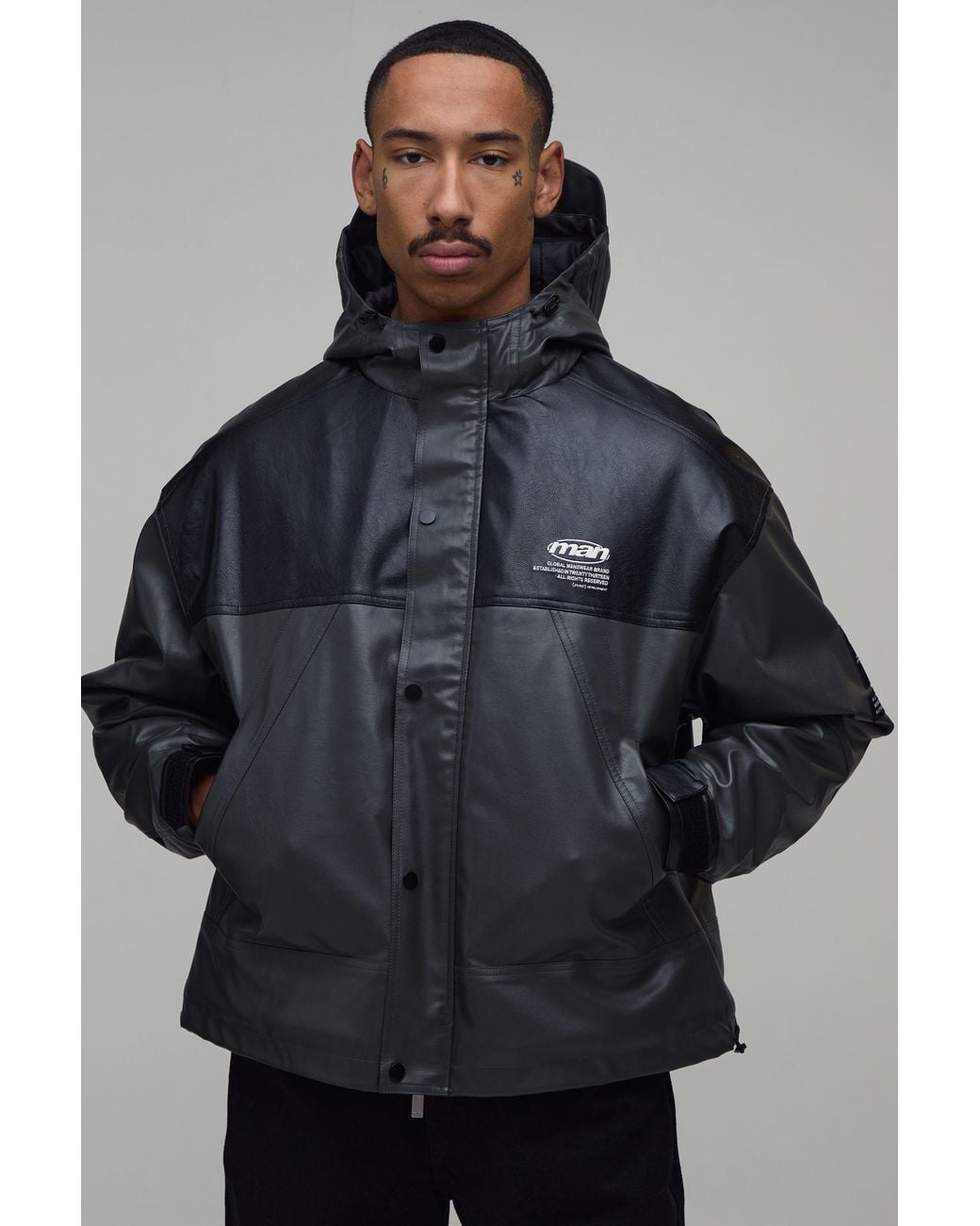 BoohooMAN Gray Oversized Boxy Pu Colour Block Parka for men