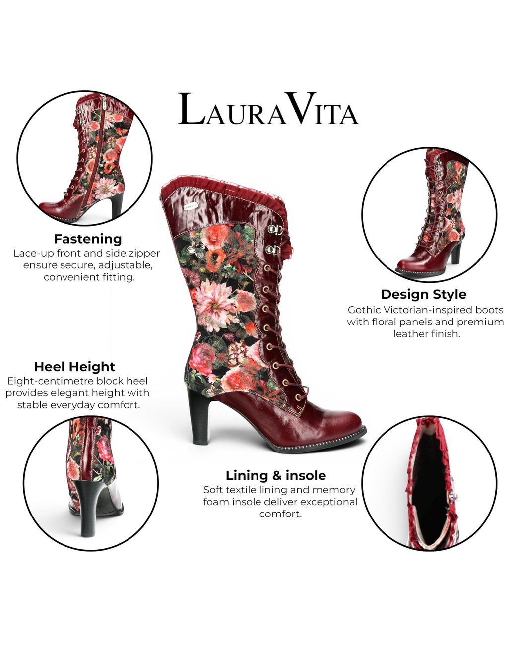 LAURA VITA Red Floral Goth Victorian Leather Heeled High Boots
