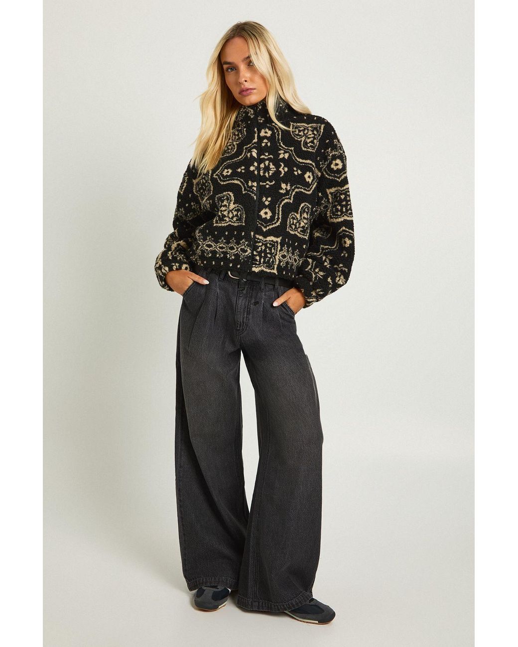 Boohoo Black Bandana Teddy Zip Bomber Jacket