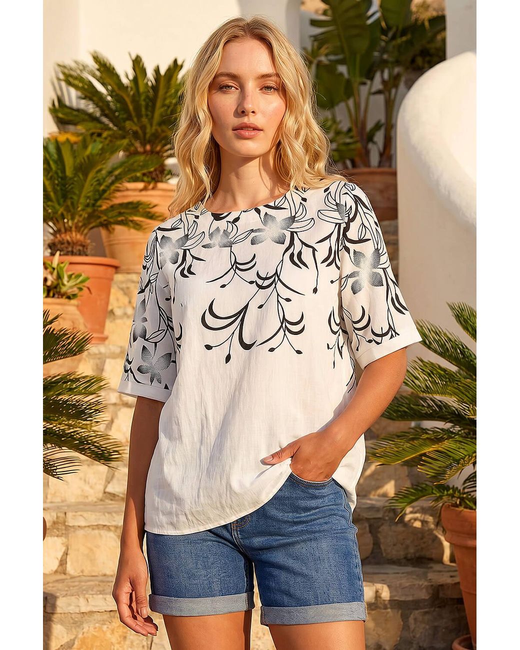 Roman White Floral Mono Print Top