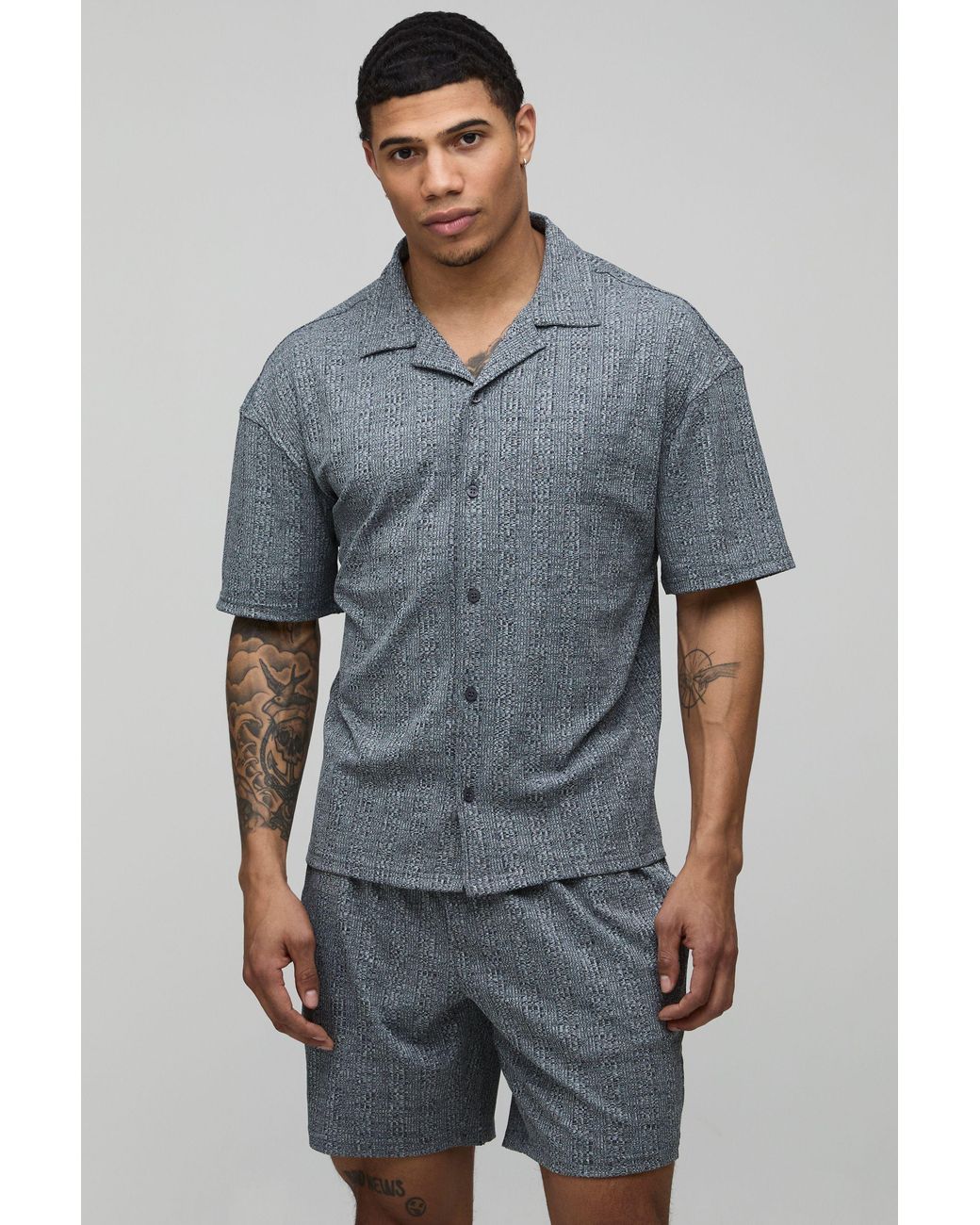 BoohooMAN Gray Jersey Marl Rib Regular Fit Shirt & Short Set for men