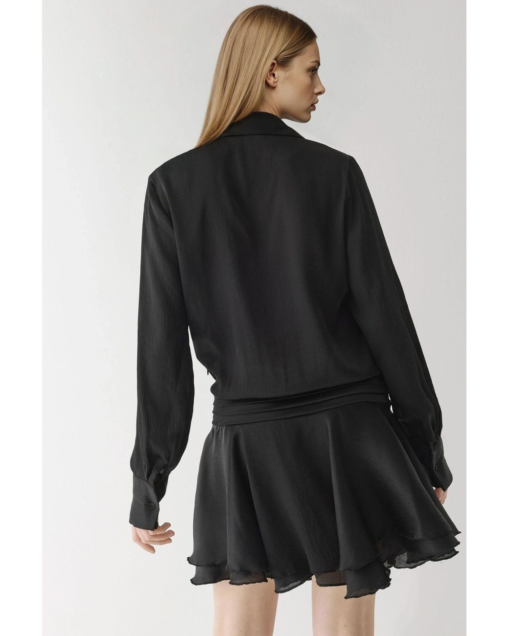 Hiccup Black Ruffle Drape Long Sleeve Mini Dress With Shirt Collar