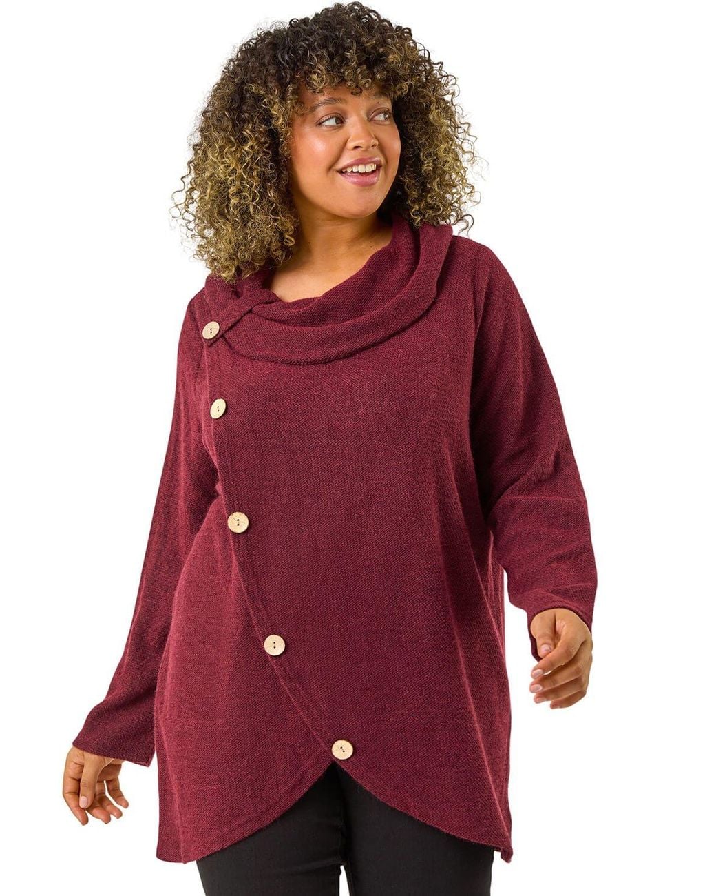 Roman Red Curve Cowl Neck Button Wrap Top