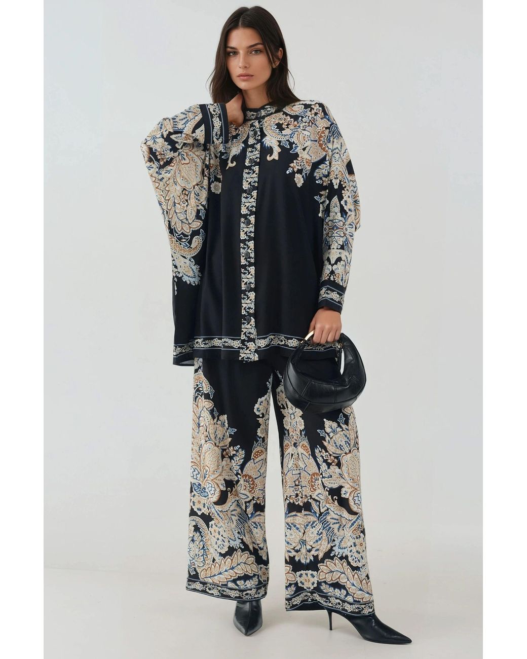 Hiccup Black Printed High Waist Kimono-Pants Co-Ord Set