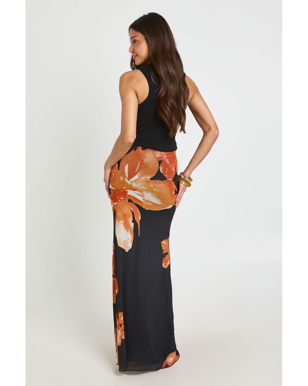 Boohoo Black Floral Print Mesh Lined Maxi Skirt