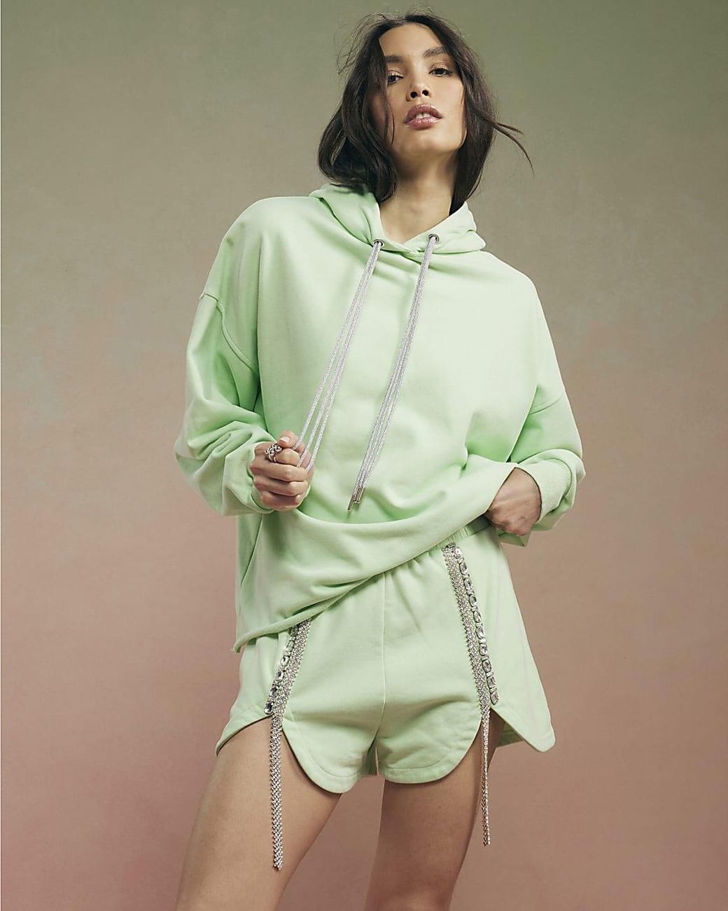 River Island Green Shorts Year Zero Embellished Elasticated