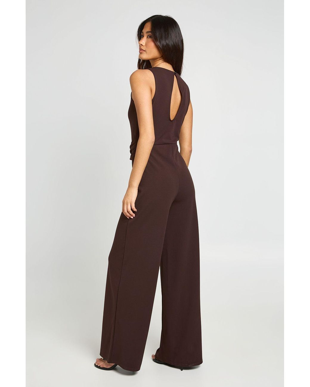 Boohoo Brown Slash Neck Waist Detail Wide Leg Jumpsuit