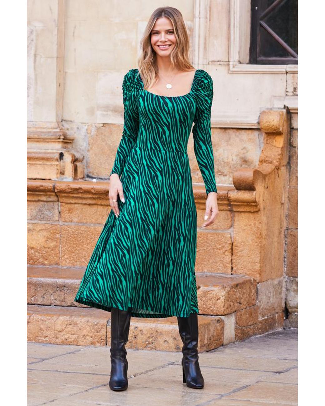 Sosandar Green Print Square Neck Jersey Midi Dress