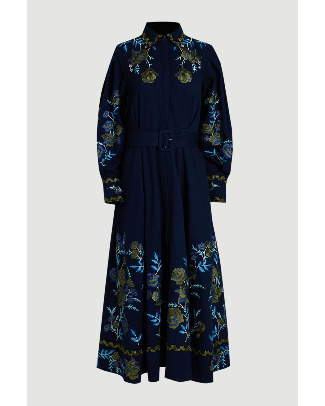 Karen Millen Blue Rose Embroidered Cotton Twill Woven Shirt Dress With Eyelets
