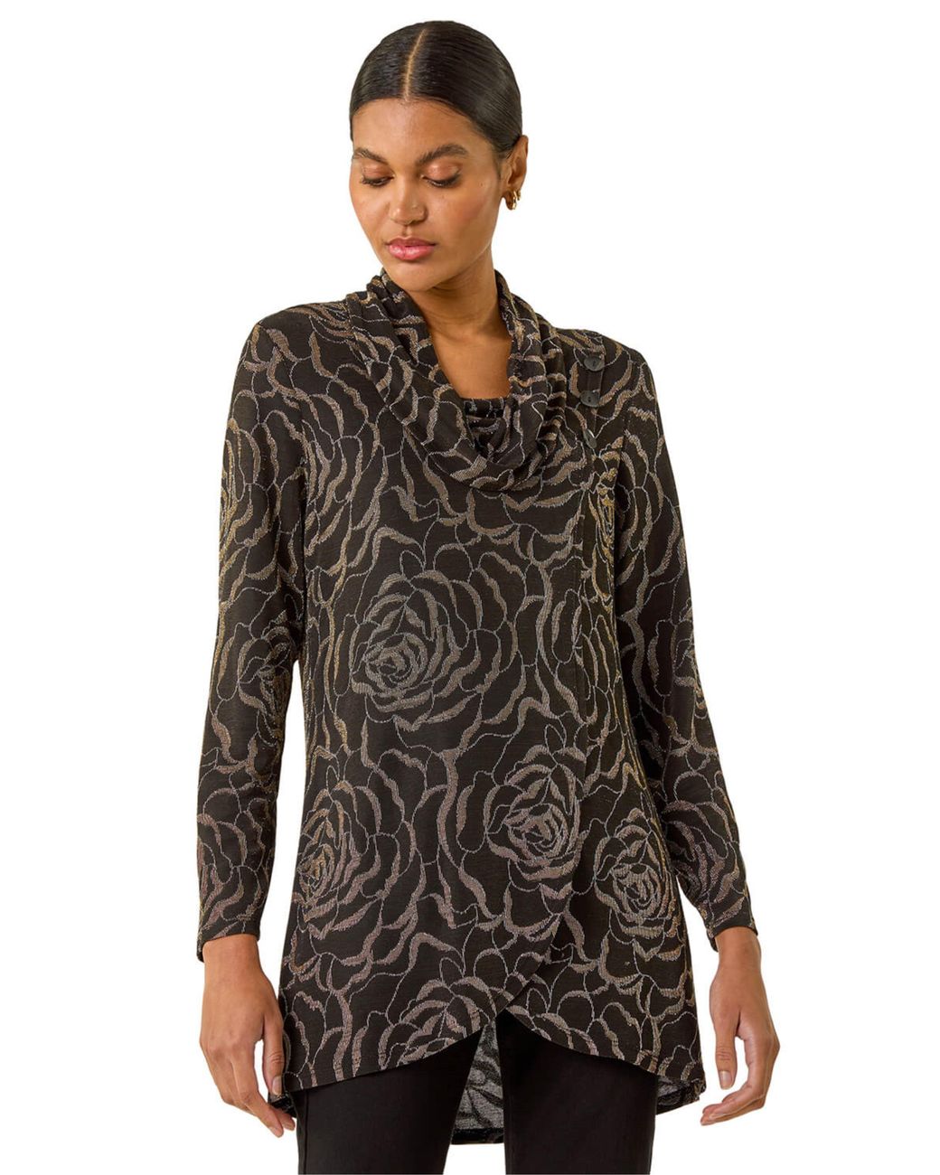 Roman Black Jacquard Cowl Neck Stretch Top