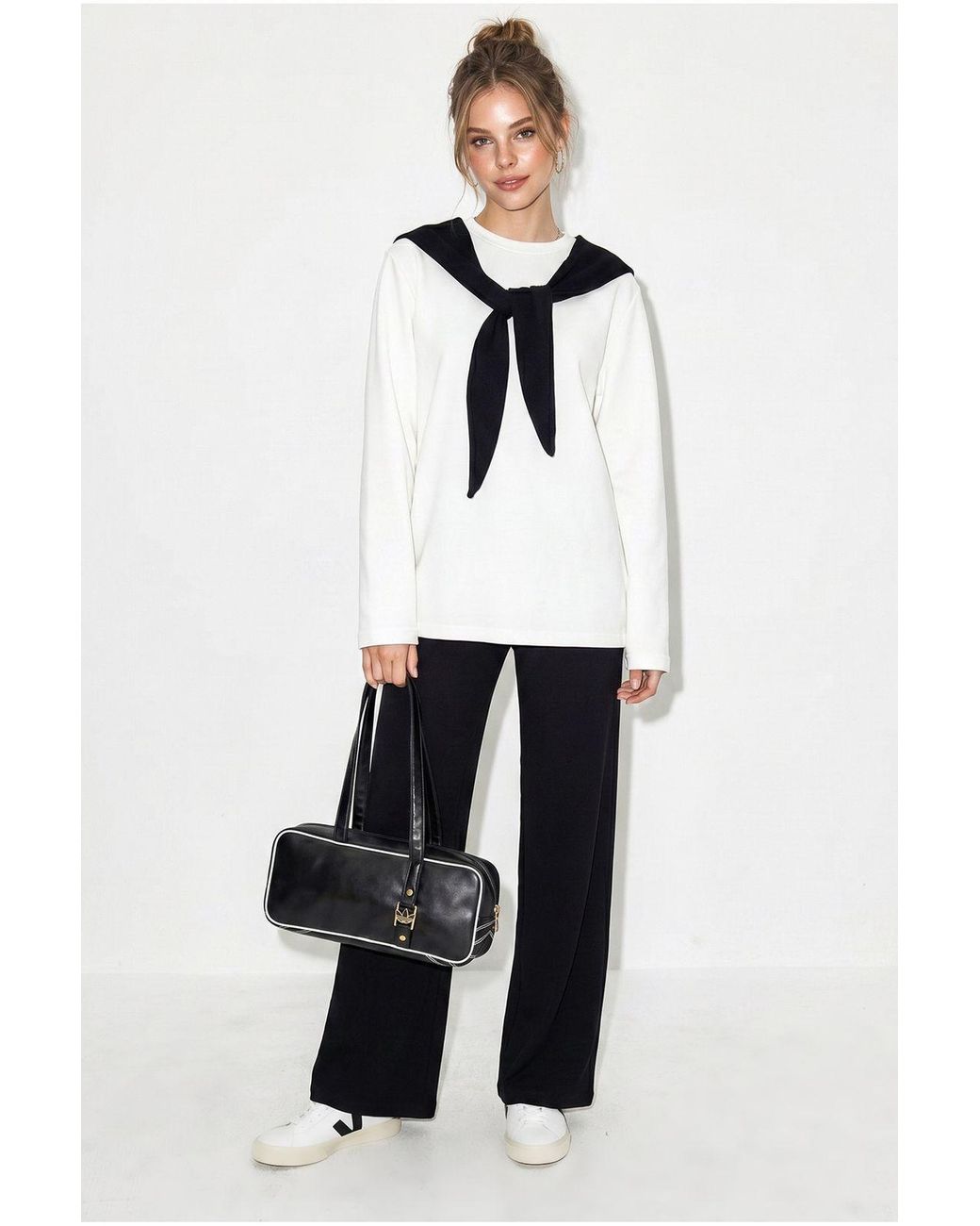 Bianco Lucci White Two-Piece Knit Coord With Wide-Leg Trousers