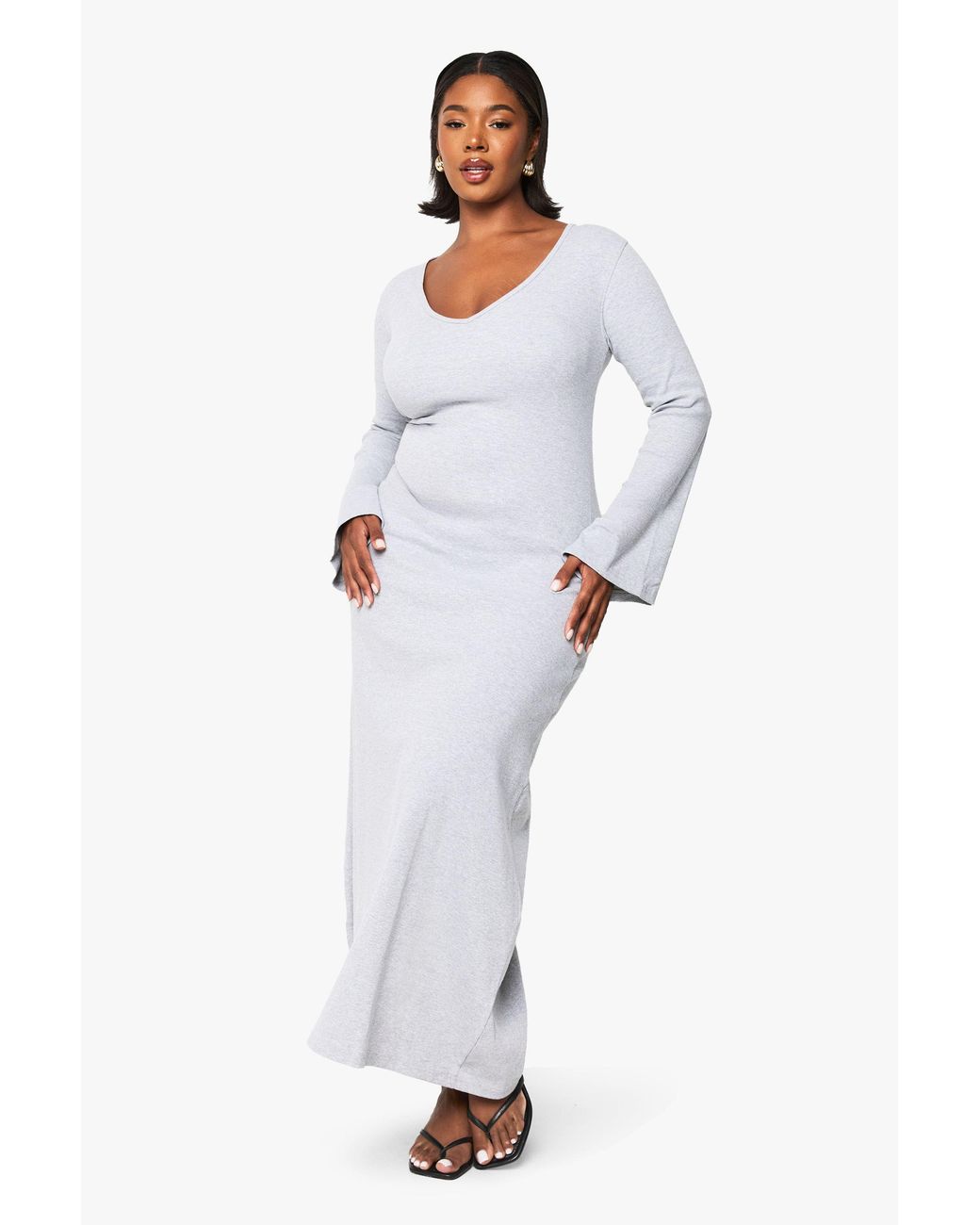 Boohoo White Plus Basic Rib Flare Sleeve V Neck Dress