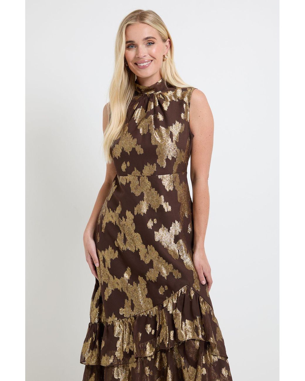 Wallis Brown Petite Metallic Ruffle Hem Maxi Dress