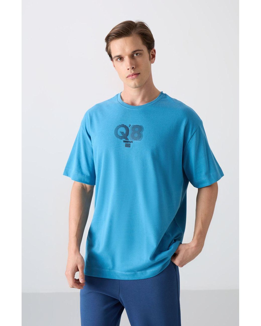 TOMMY LIFE Blue Oversized Printed Logo Crew Neck T-Shirt for men