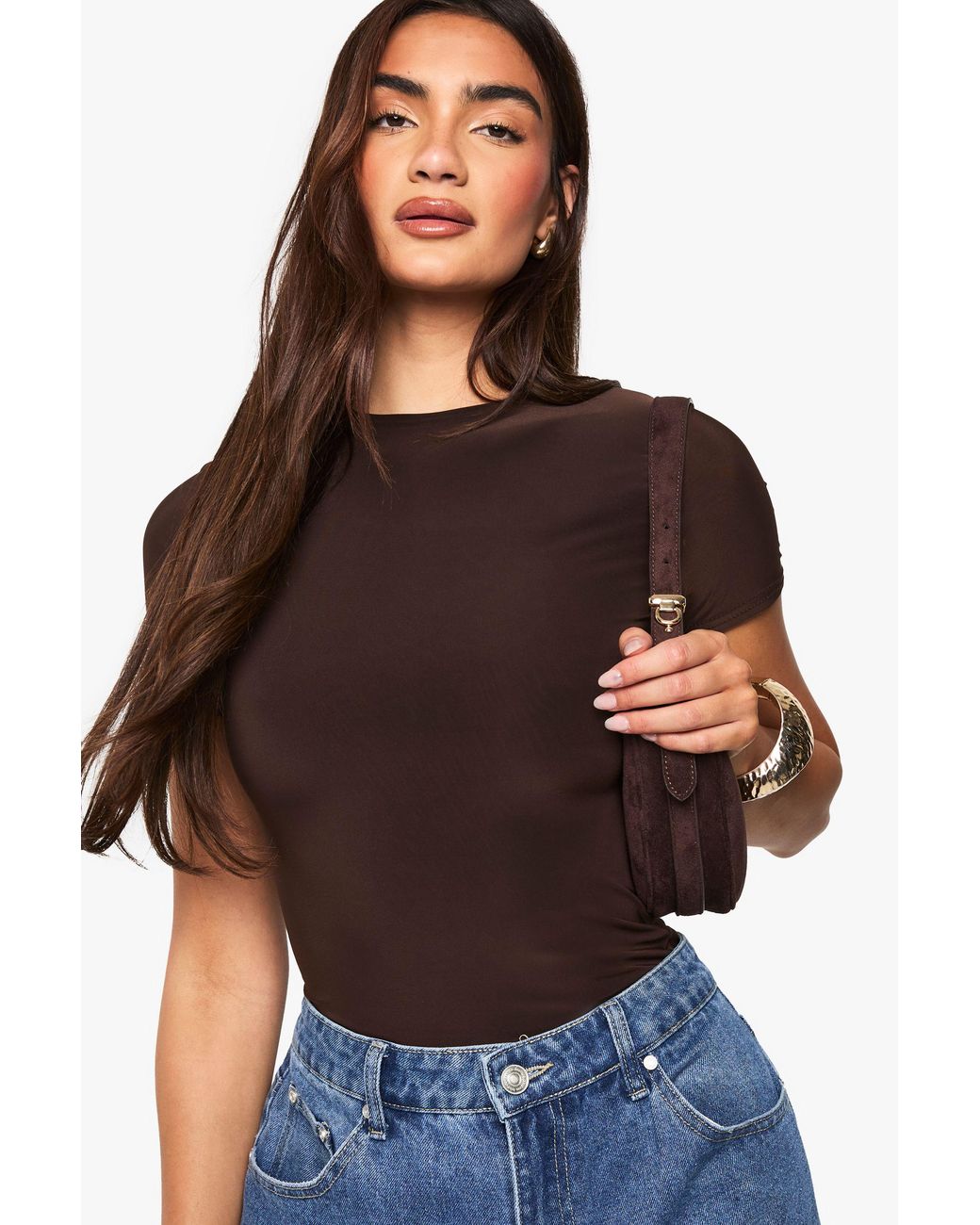 Boohoo Brown Double Layer Slinky Short Sleeve Bodysuit
