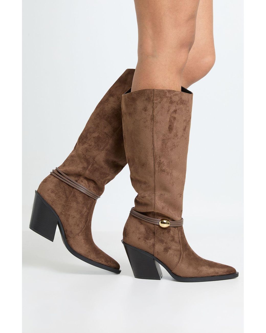 Boohoo Brown Trim Detail Knee High Western Cowboy Boots