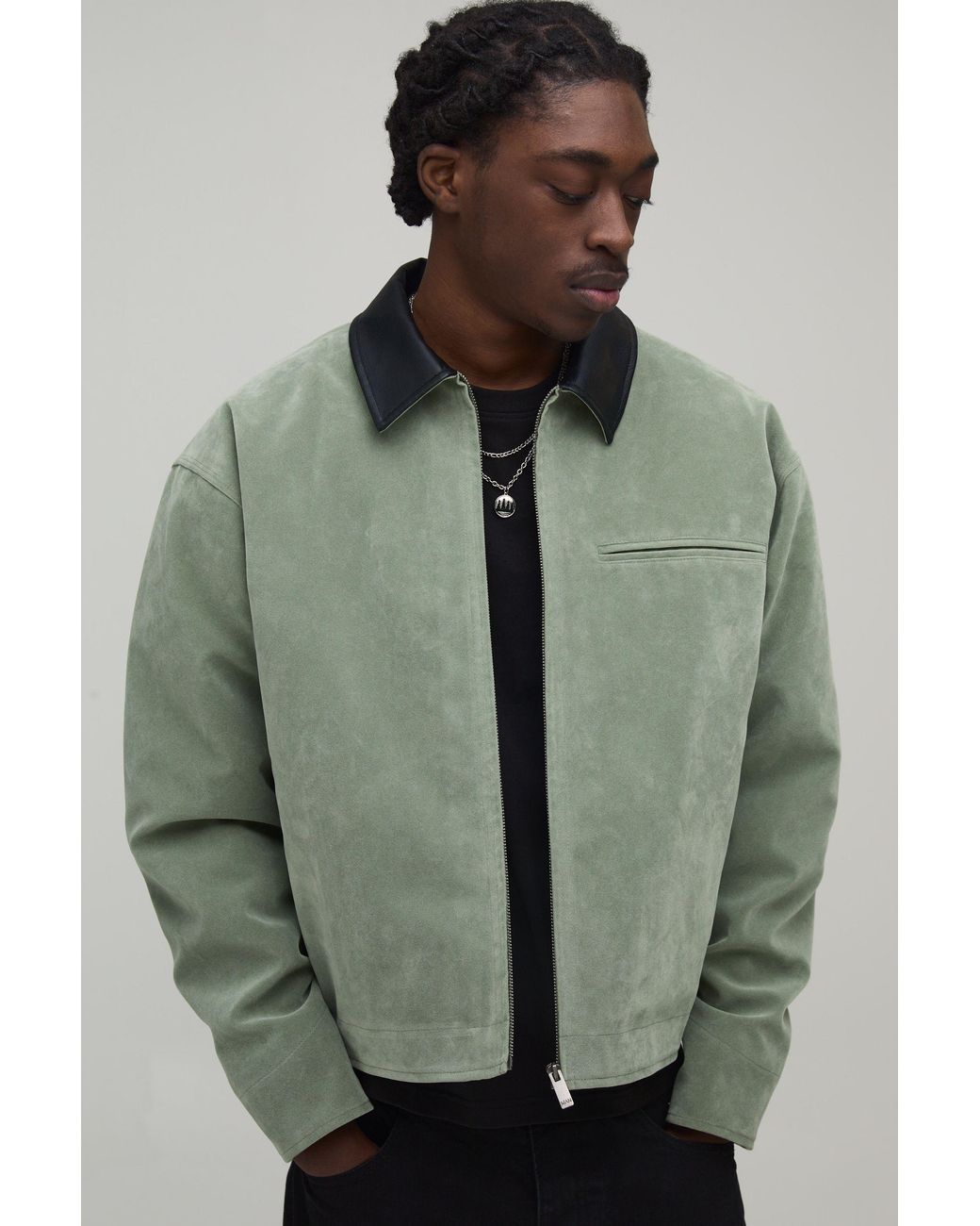 BoohooMAN Green Oversized Boxy Contrast Collar Faux Suede Harrington Jacket for men