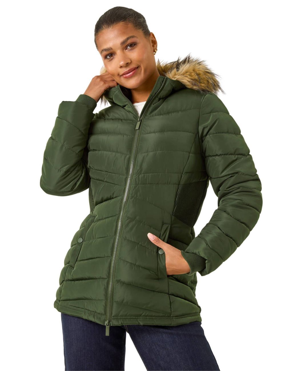 Roman Green Faux Fur Hooded Quilt Coat