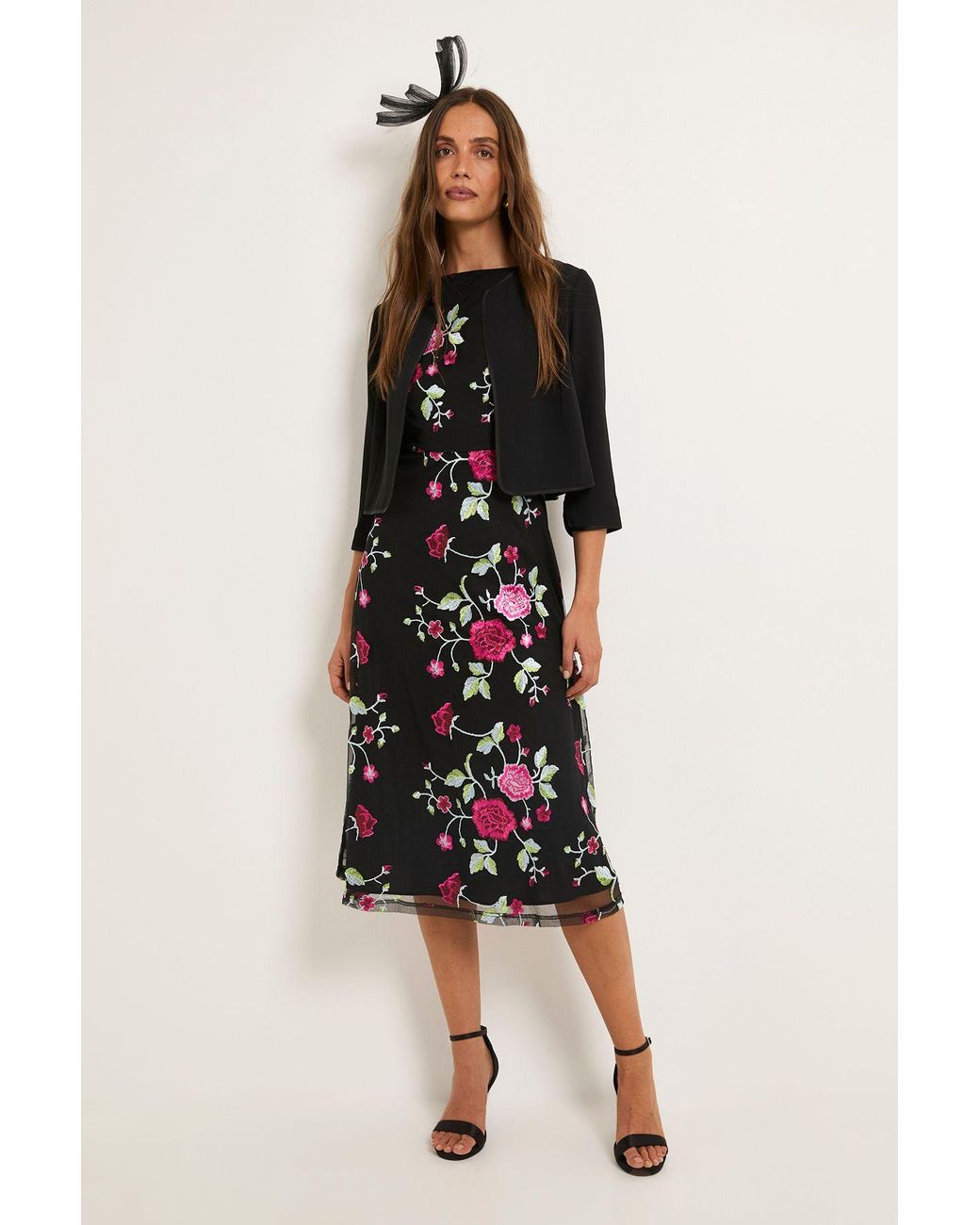 Wallis Black Floral Embroidered Mesh Fit & Flare Midi Dress
