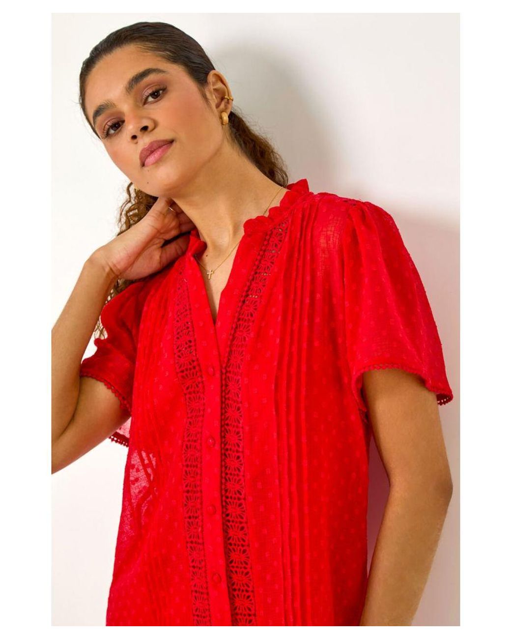 Roman Textured Spot Lace Trim Blouse