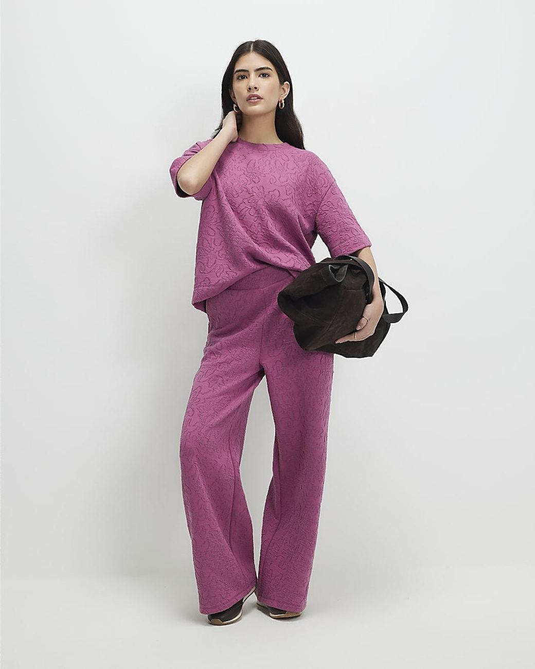River Island Pink Wide Leg Trousers Petite Jacquard Floral Cotton