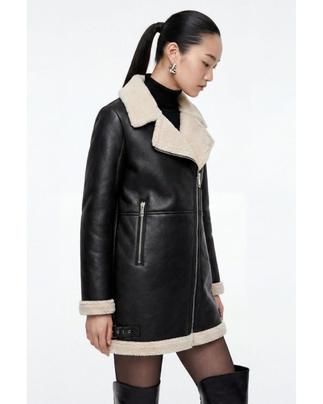 Elle Black Keira Longline Faux-Shearling Biker Coat