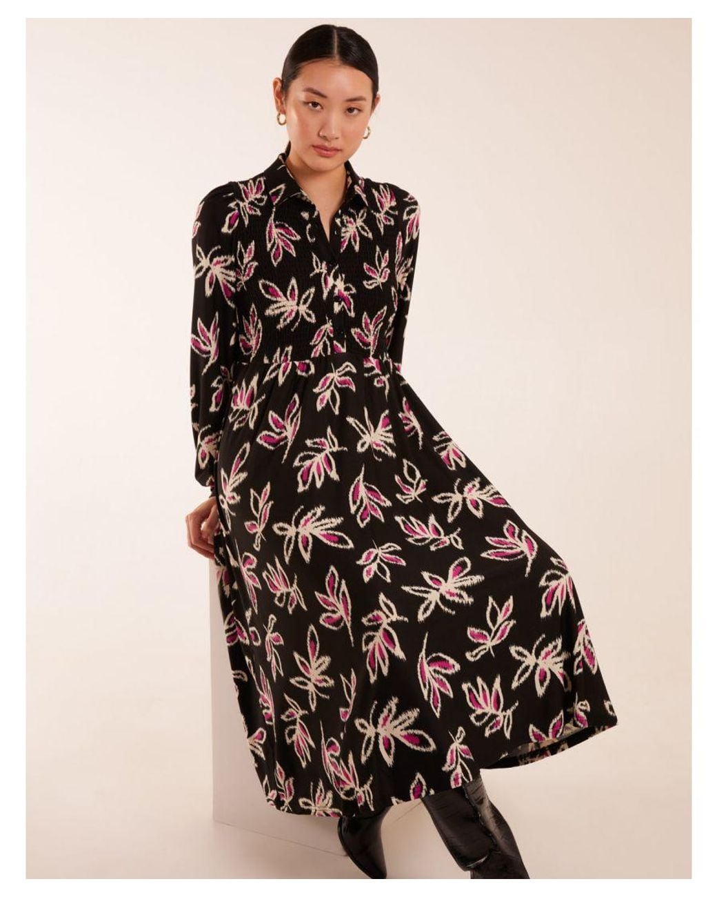 Blue Vanilla Natural Shirred Bust Long Sleeve Midi Shirt Dress