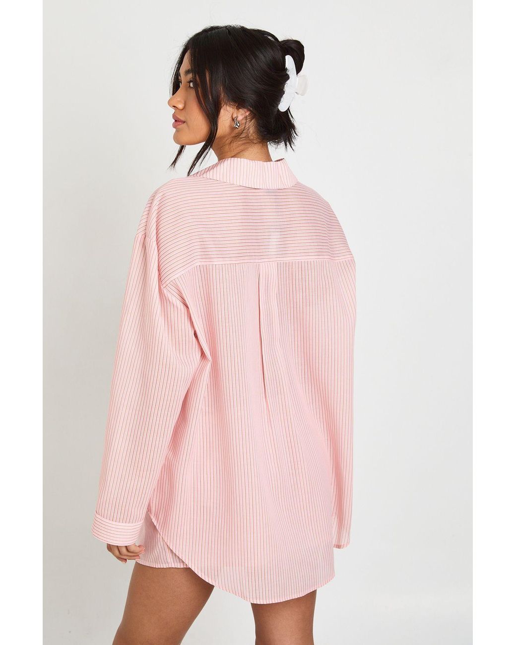 Boohoo Pink Cotton Pinstripe Oversized Long Sleeve Shirt & Short Pyjama Set