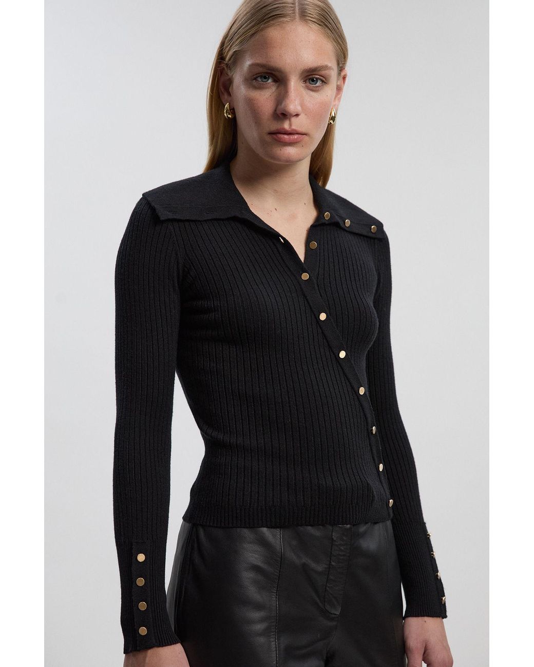 Karen Millen Black Viscose Blend Trim Detail Knit Top