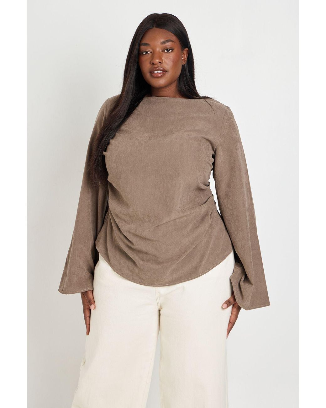 Boohoo Natural Plus Ruched Flared Long Sleeve Top