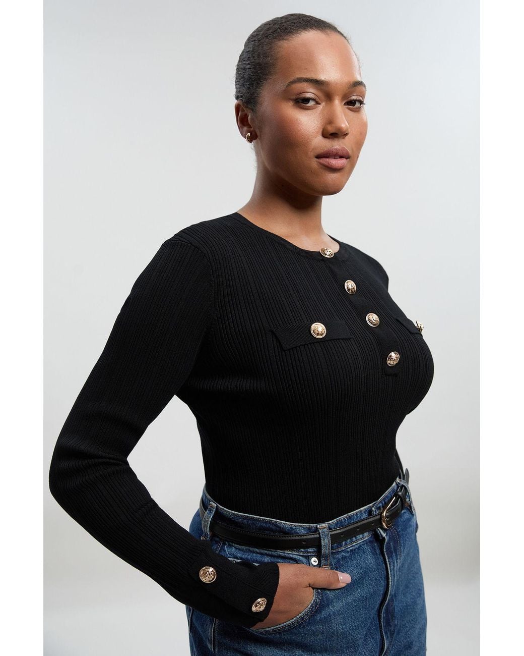 Karen Millen Black Plus Size Military Trim Rib Long Sleeve Knit Top