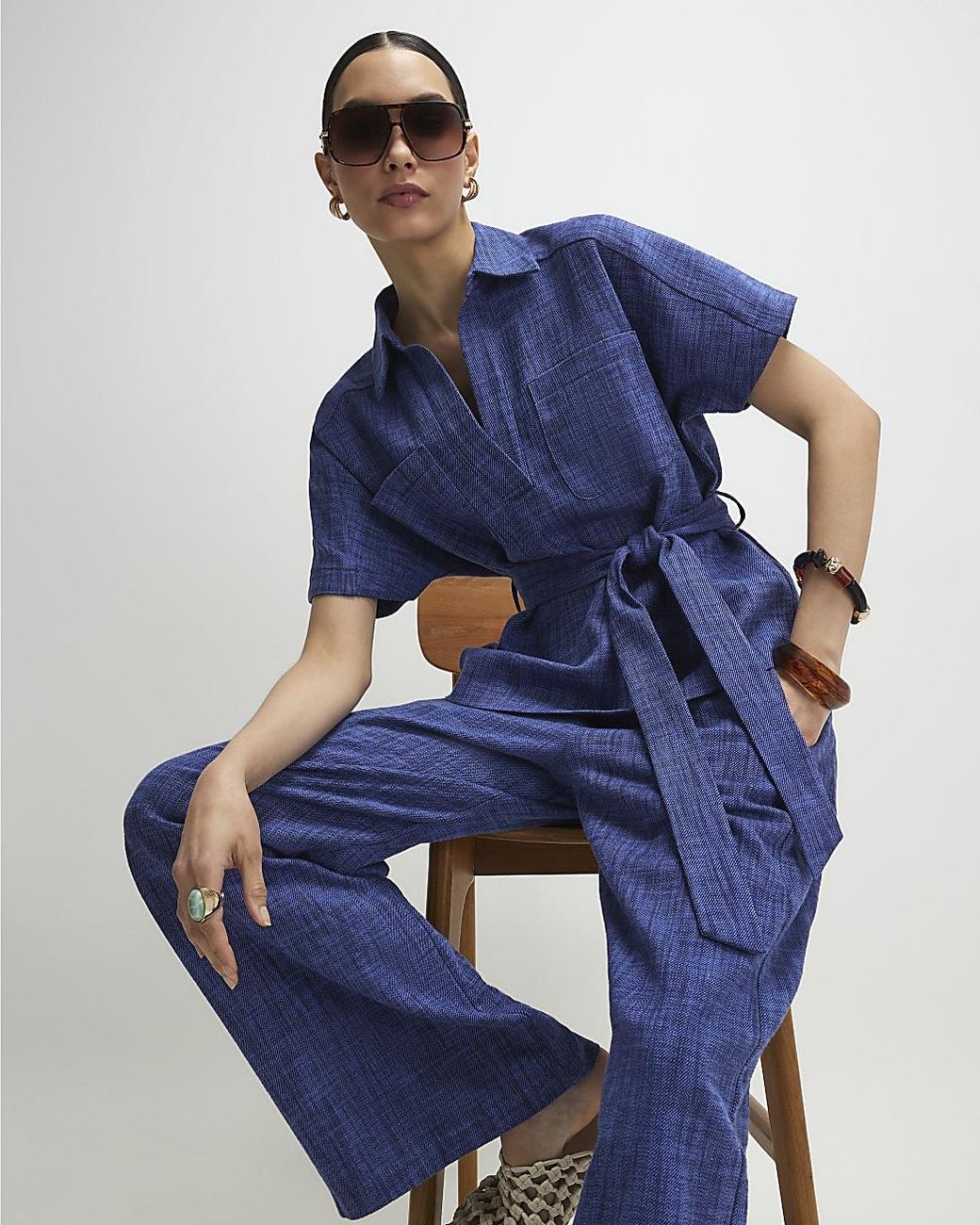 River Island Blue Top Linen Look Belted Short Sleeve Cotton