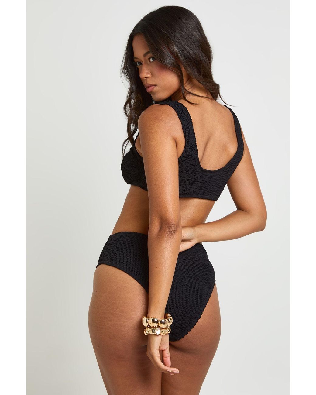 Boohoo Black Textured Trim Scoop Neck Bikini Top & High Waist Bottoms