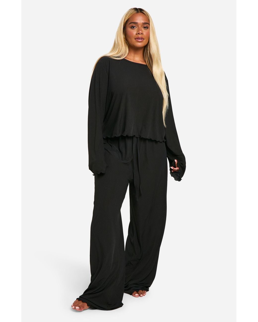 Boohoo Black Plus Textured Lettuce Hem Trouser Pyjama Set