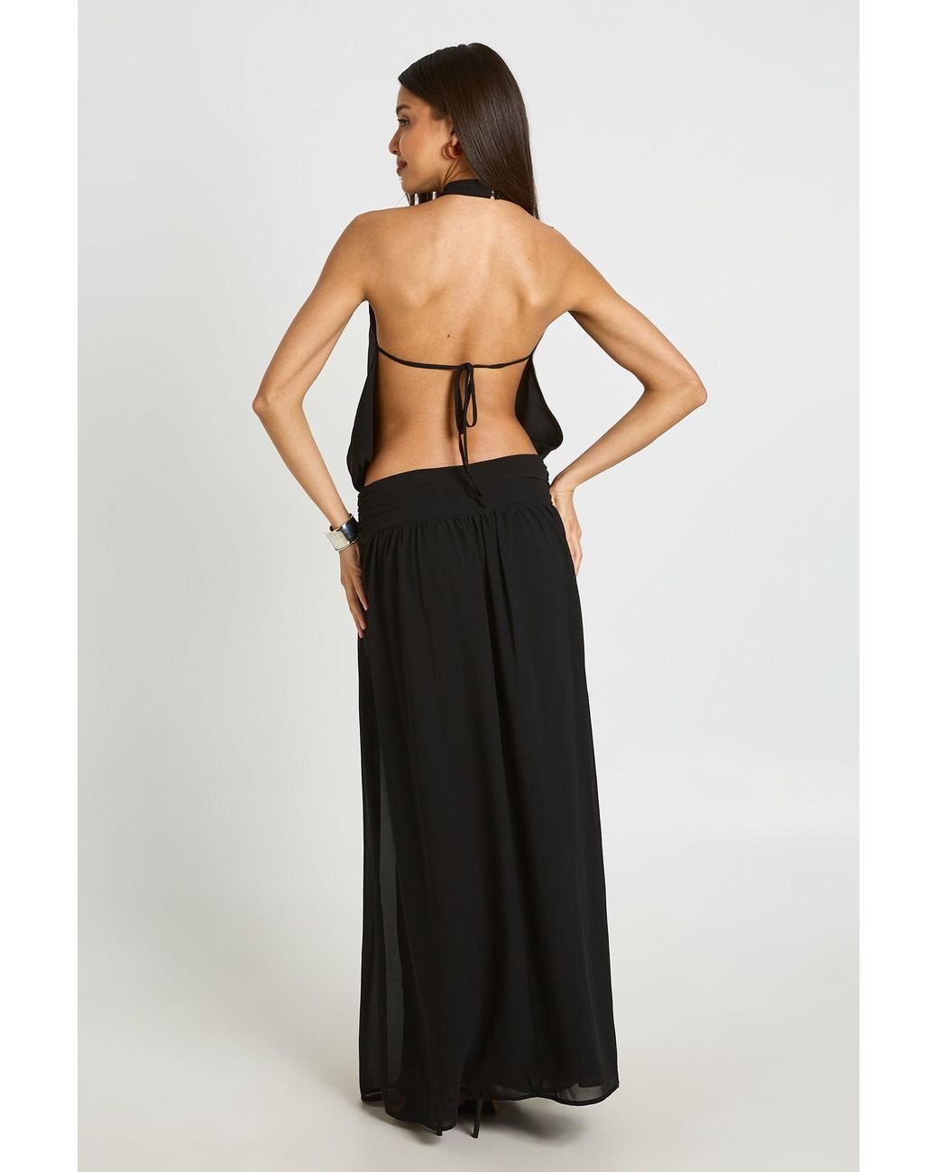 Boohoo Black Chiffon Ruched Drop Waist Halter Neck Maxi Dress