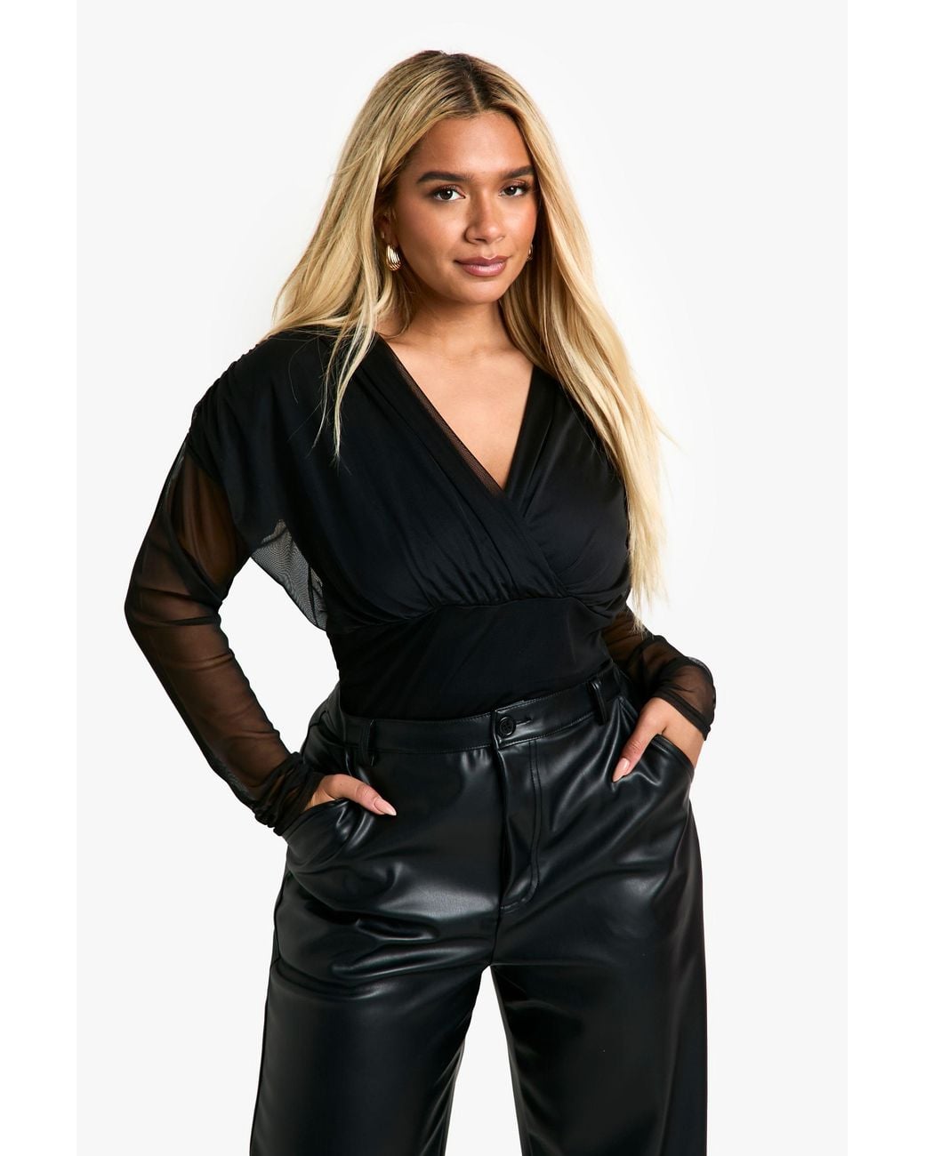 Boohoo Black Plus Mesh Long Sleeve Bodysuit
