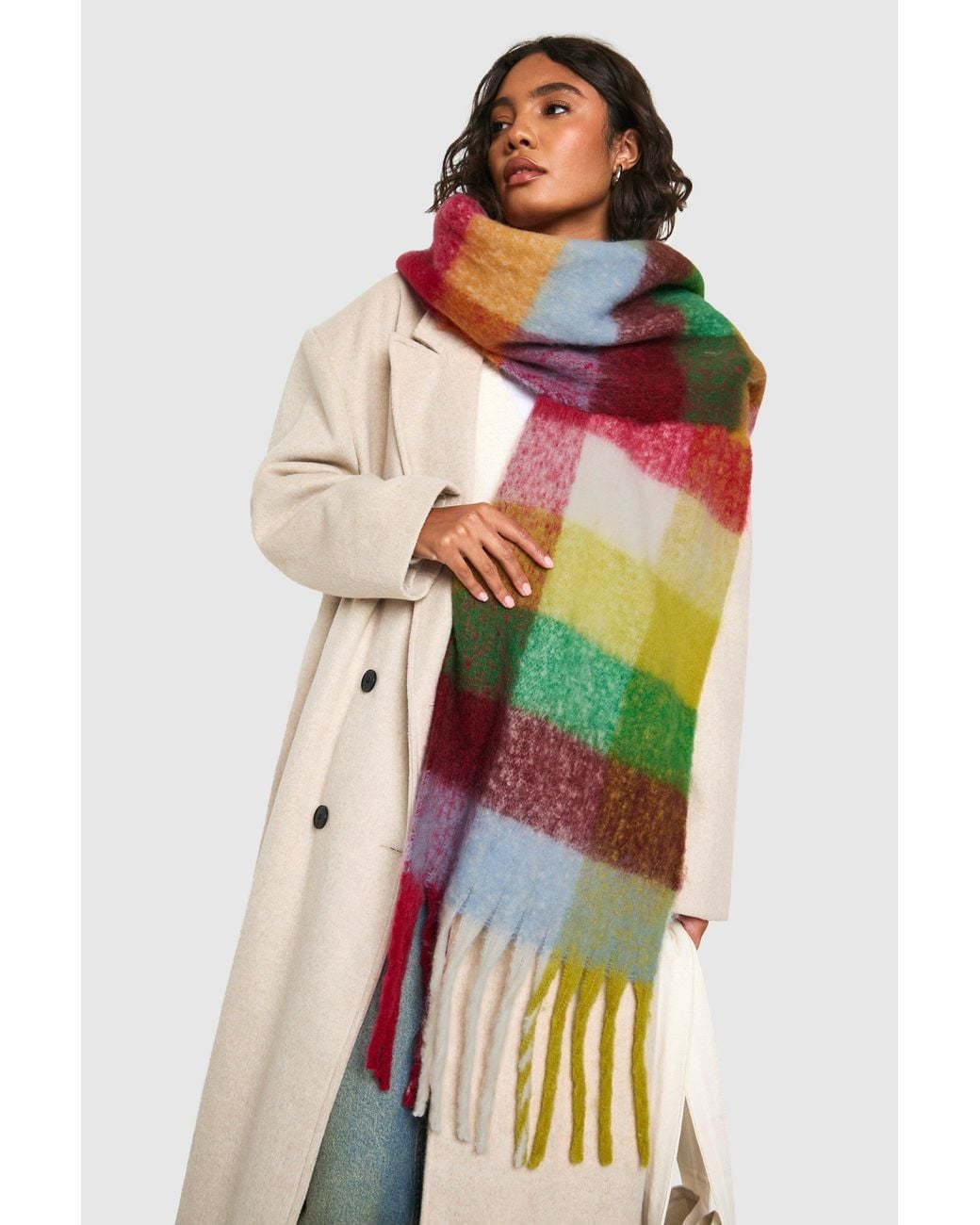 Boohoo Multicolor Contrast Checked Knitted Chunky Tassel Scarf