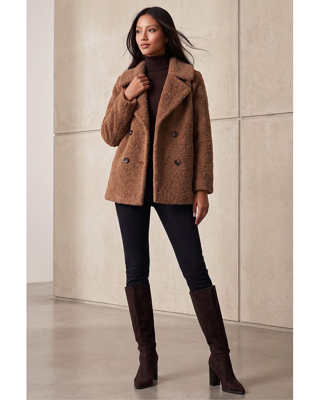 Roman Brown Petite Double Breasted Boucle Coat