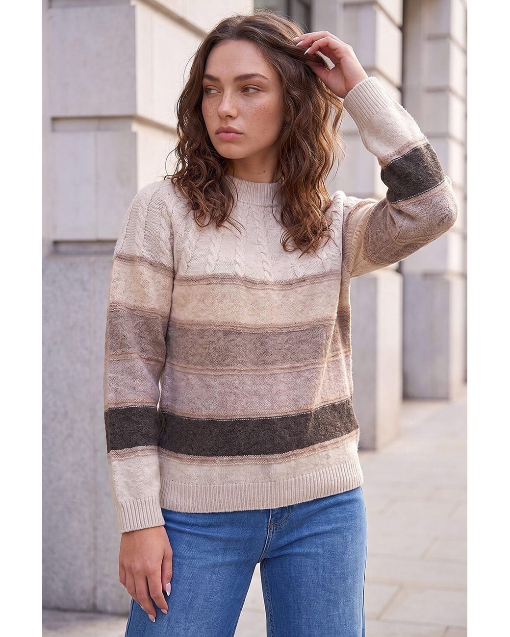 Roman Gray Petite Stripe Cable Knit Jumper