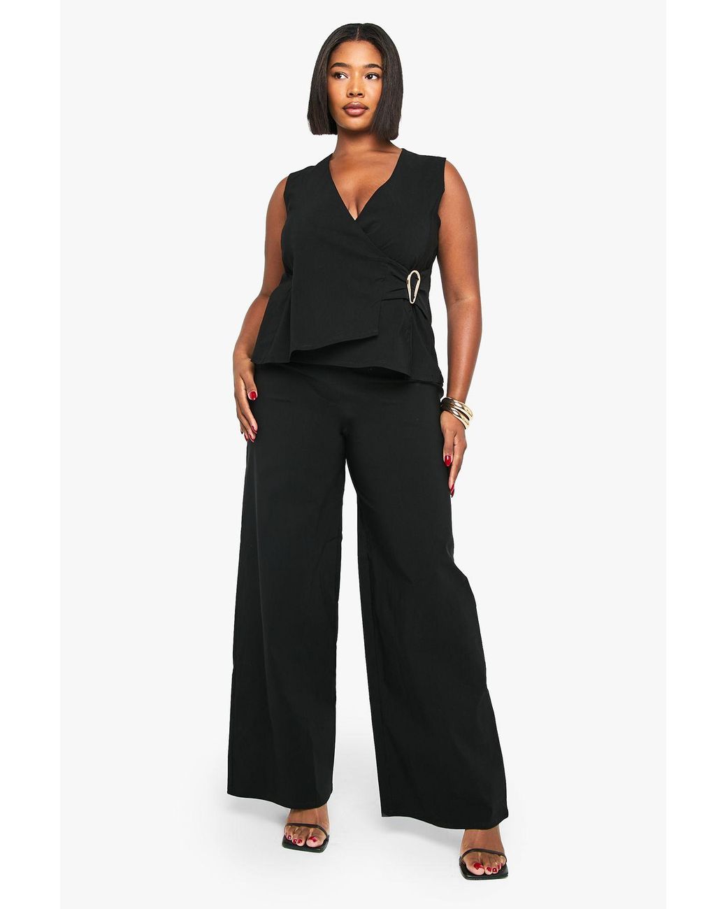 Boohoo Black Plus Detail Waistcoat And Wide Leg Trouser