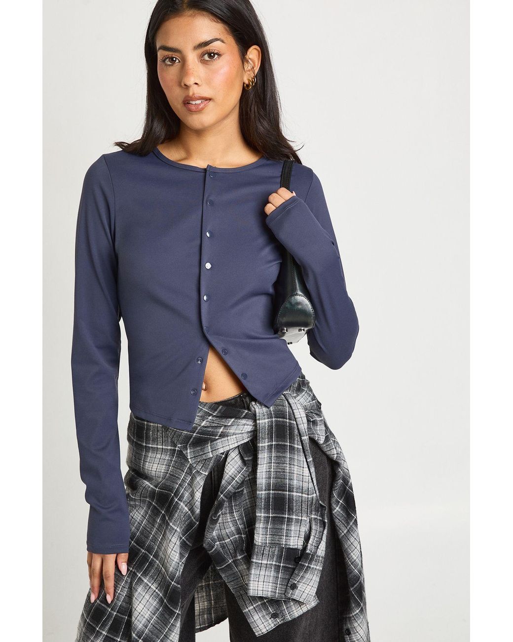 Boohoo Blue Peached Sculpt Popper Through Long Sleeve Top
