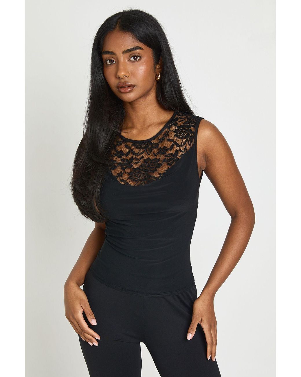 Boohoo Black Lace Slinky Drape Front Sleeveless Top