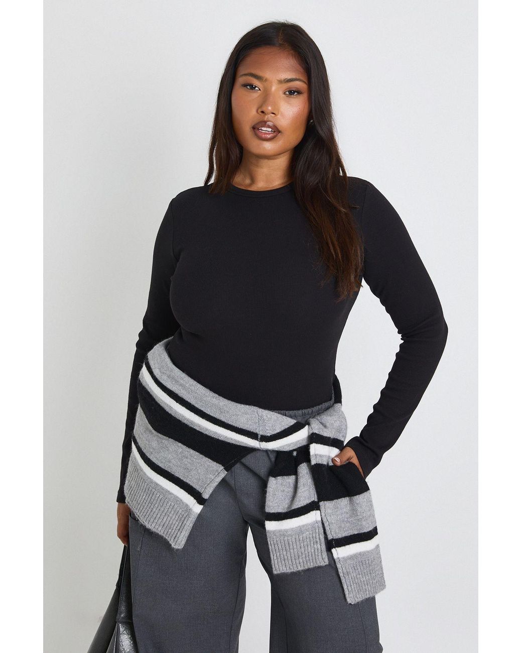 Boohoo Black Plus Basic Rib Long Sleeve Fitted Longline Top
