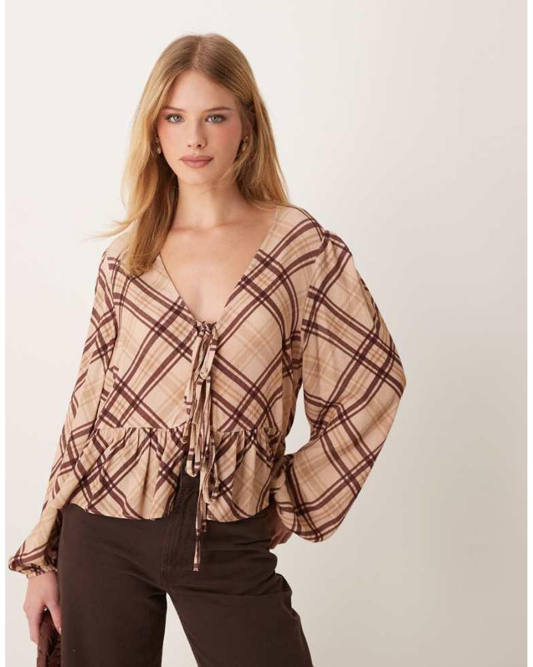 Miss Selfridge Natural Check Tie Front Long Sleeve Top