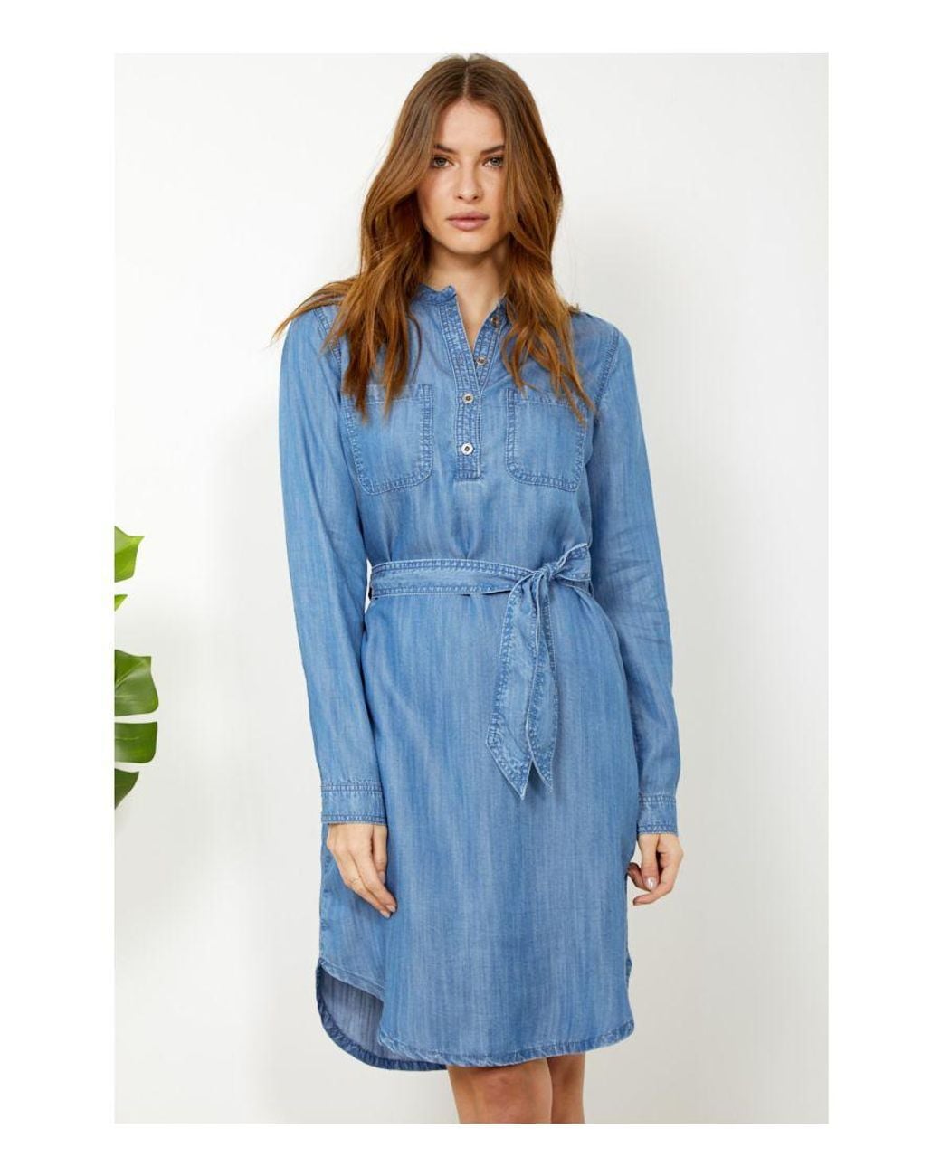 Sosandar Blue Chambray Denim Belted Dress