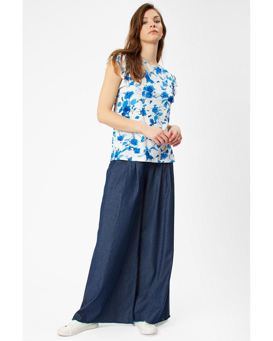 James Lakeland Blue Floral Print Frill Sleeve T-Shirt
