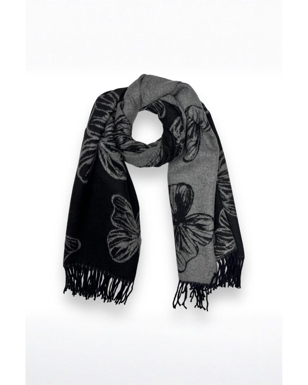 SVNX Black Butterfly Printed Cashmere Scarf With Tassels