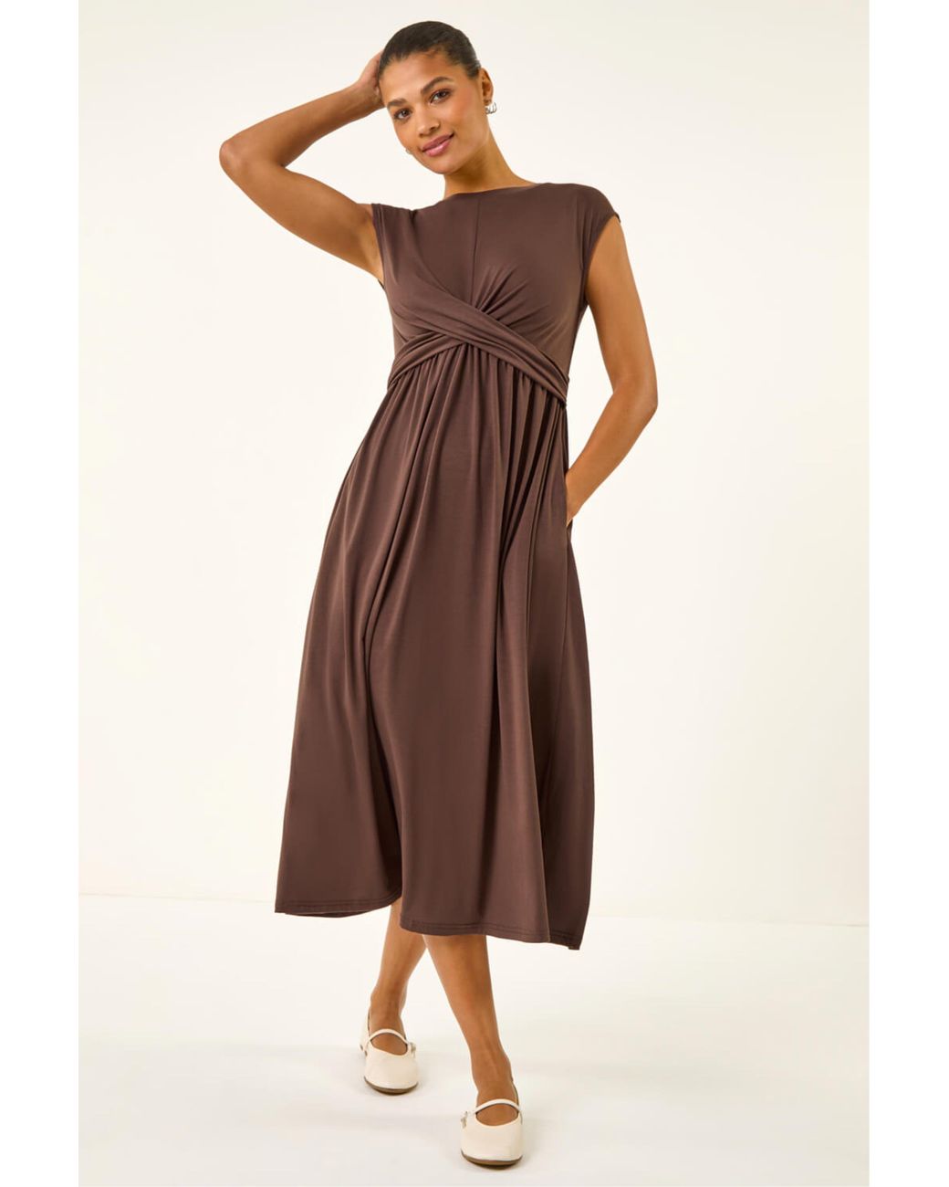 Roman Brown Crossover Front Stretch Midi Dress