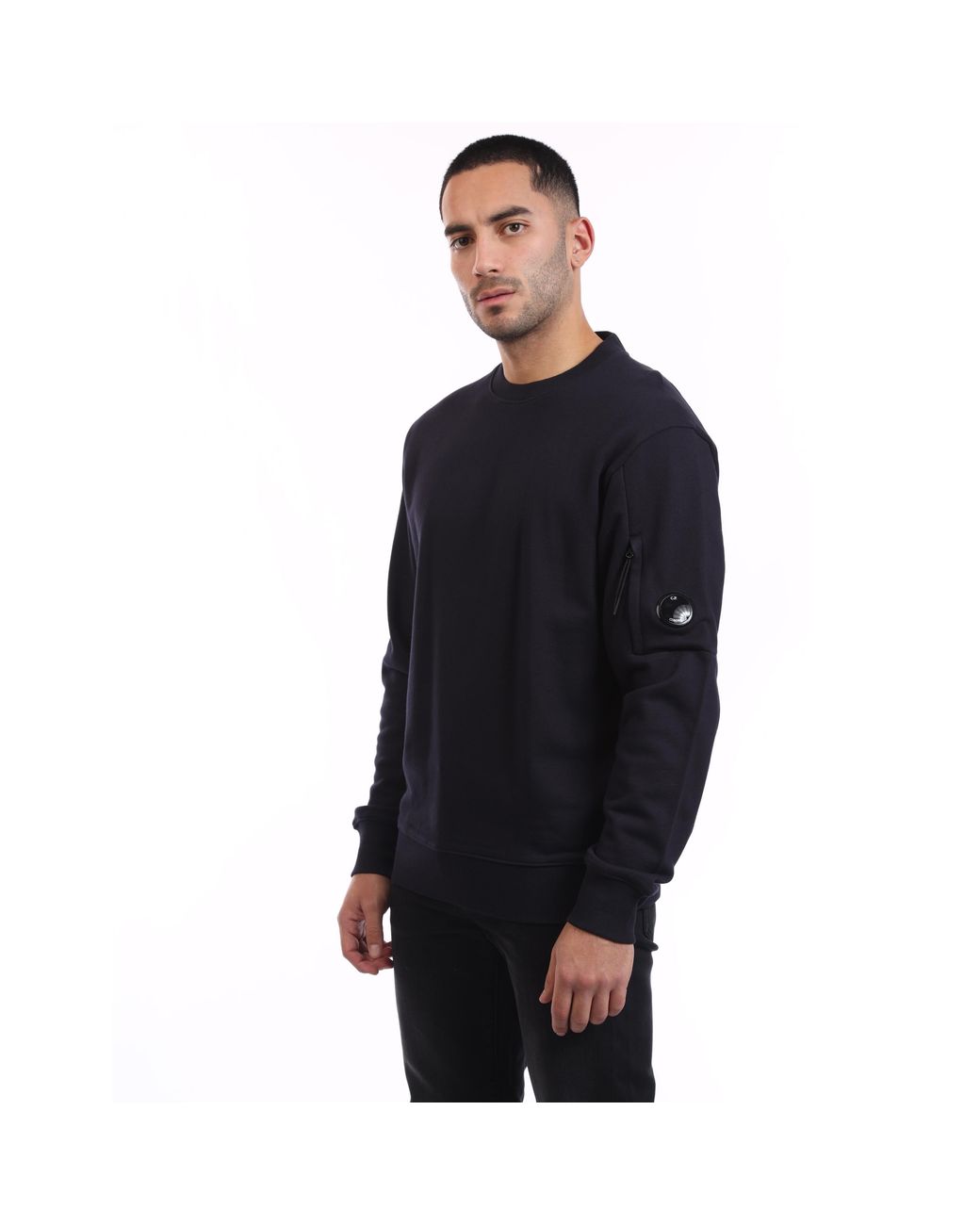 C P Company Black Diagonal Raised Fleece Lens Crewneck Sweatshirt for men